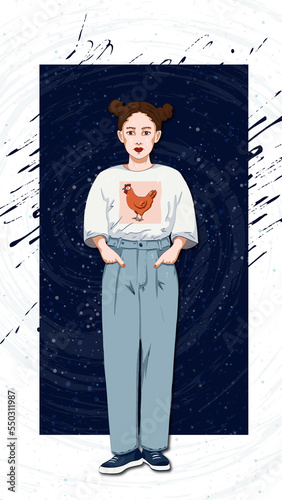 girl in jeans and t-shirt with chicken