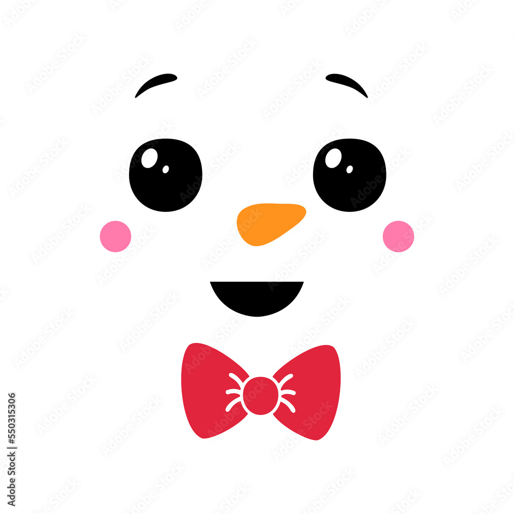 Funny snowman face on white background. Snowman head with red bow. Christmas decoration. Cartoon flat style vector illustration. Funny snowman face on white background. Snowman head with red bow. Christmas decoration. Cartoon flat style vector illustration.