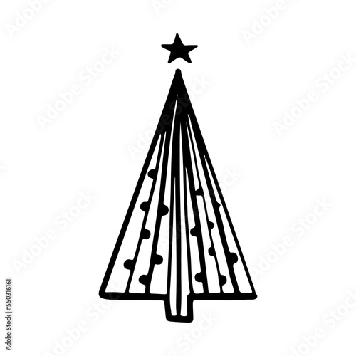Christmas tree in doodle style. Hand drawn sketch of a Christmas tree. Vector illustration. Isolated on a white background. Illustration for graphics, website, logo, icons, postcards