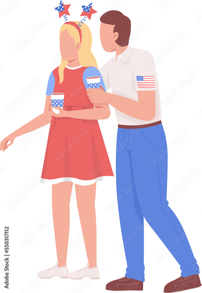 Man with girlfriend at Independence day semi flat color raster characters. Standing figures. Full body people on white. Holiday simple cartoon style illustration for web graphic design and animation