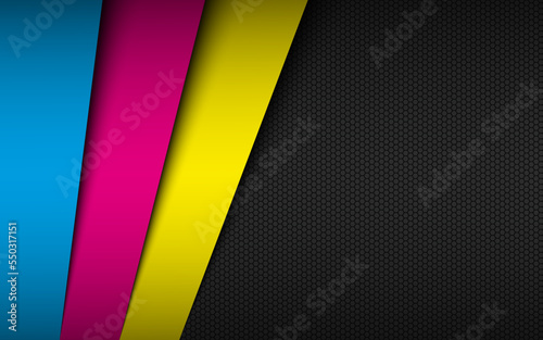 Black material background with stripes in cmyk colors and hexagonal grid pattern. Print design banner for your business. Abstract vector illustration