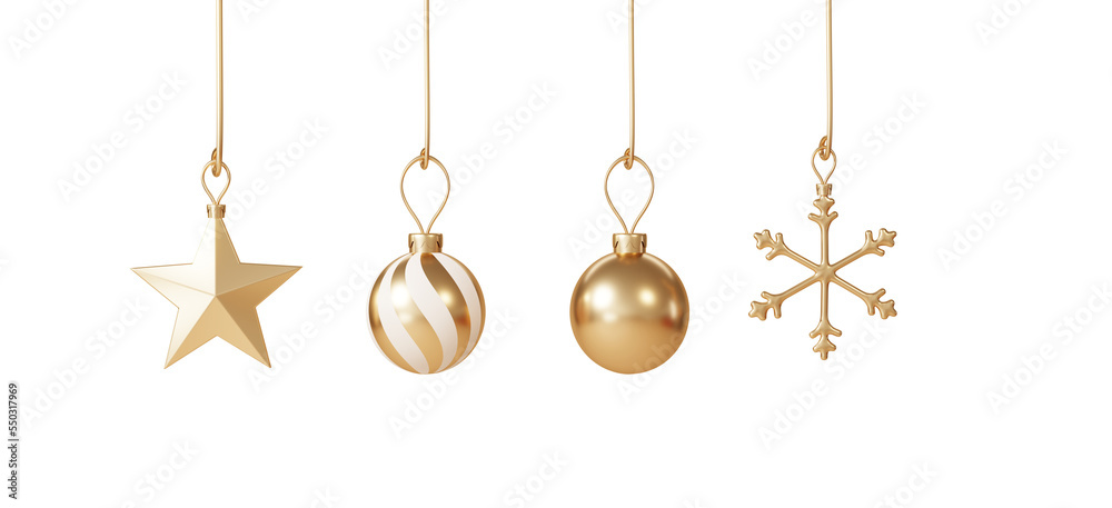 Christmas ornament decoration set collection for mock up or web banner. 3d render on transparent png backgrounds. Xmas celebration.