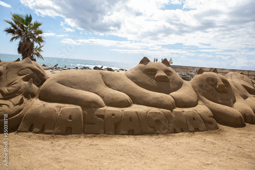 Cat made of sand on the beach. Sand sculpture of a cat in Maspalomas town Gran Canaria, Canary Islands, Spain