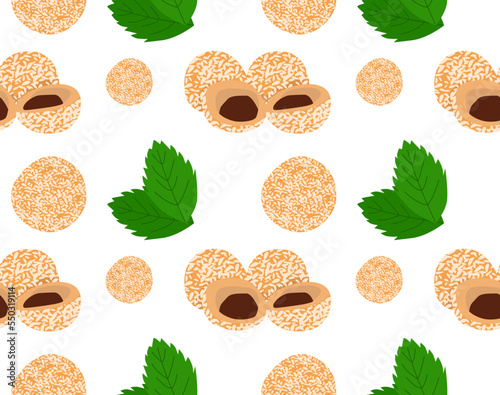 Jian Dui. Chinese balls with sesame. Mint leaf. Seamless pattern in vector. Asian food.