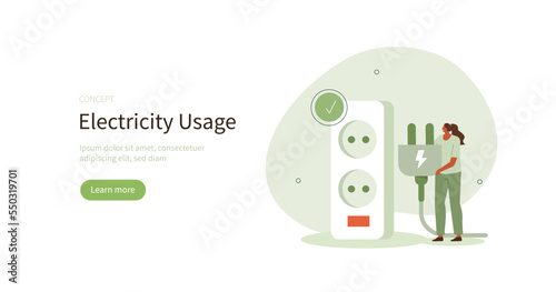 
Character unplug appliances to  reduce and save energy consumption at home. Energy efficiency and electricity consumption in household concept. Vector illustration.