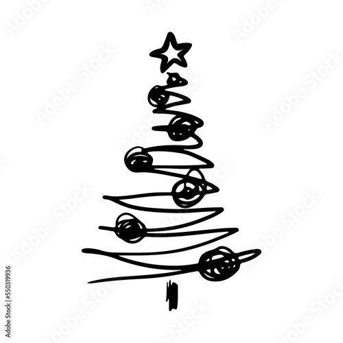 Christmas tree in doodle style. Hand drawn sketch of a Christmas tree. Vector illustration. Isolated on a white background. Illustration for graphics, website, logo, icons, postcards