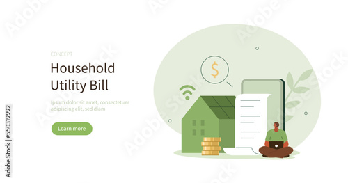 Character calculating and paying utilities and household invoice bills. Energy efficiency in household and sustainable housing concept. Vector illustration.