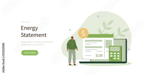 Character calculating utility statement and worrying about costs increase. Energy efficiency and utilities consumption at home concept. Vector illustration.
