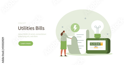 Character calculating utility bill and worrying about costs increase. Energy efficiency and utilities consumption at home concept. Vector illustration.
