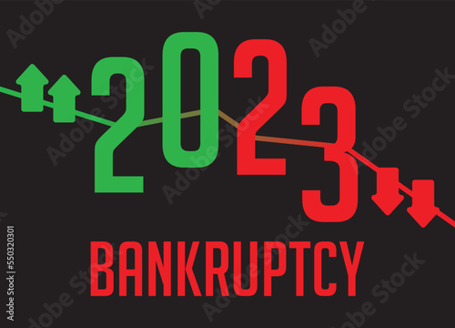 2023 written with green and red colors and going up and down as a representation of the bull market. Collapse and Bankruptcy year