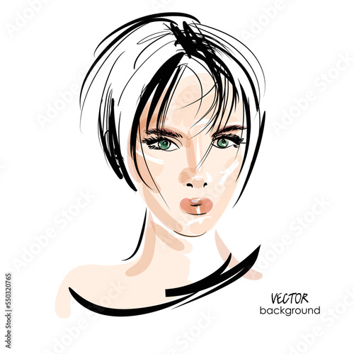 art sketching portrait of beautiful young woman makeup face in vector; glamour girl model fashion illustration; short hairstyle