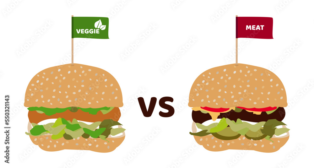 Veggie vs meat burger. Comparison of hamburger with a veggie patty with
