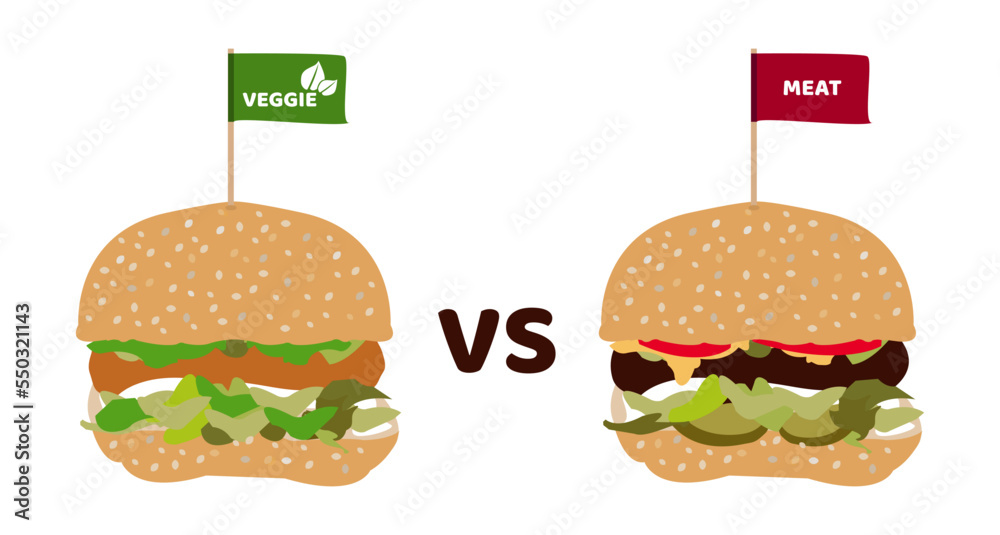 Veggie vs meat burger. Comparison of hamburger with a veggie patty with meat substitute or alternative and unhealthy beef patty. Vegetarian burger made from soy, wheat or pea protein and meat burger.