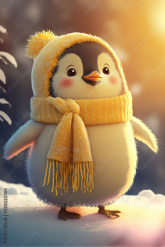 Little cute baby penguin on cold Winter Christmas day in warm clothes.  Snowy background. Illustration of a small fictional creature from a child's  imagination. Illustration Stock | Adobe Stock