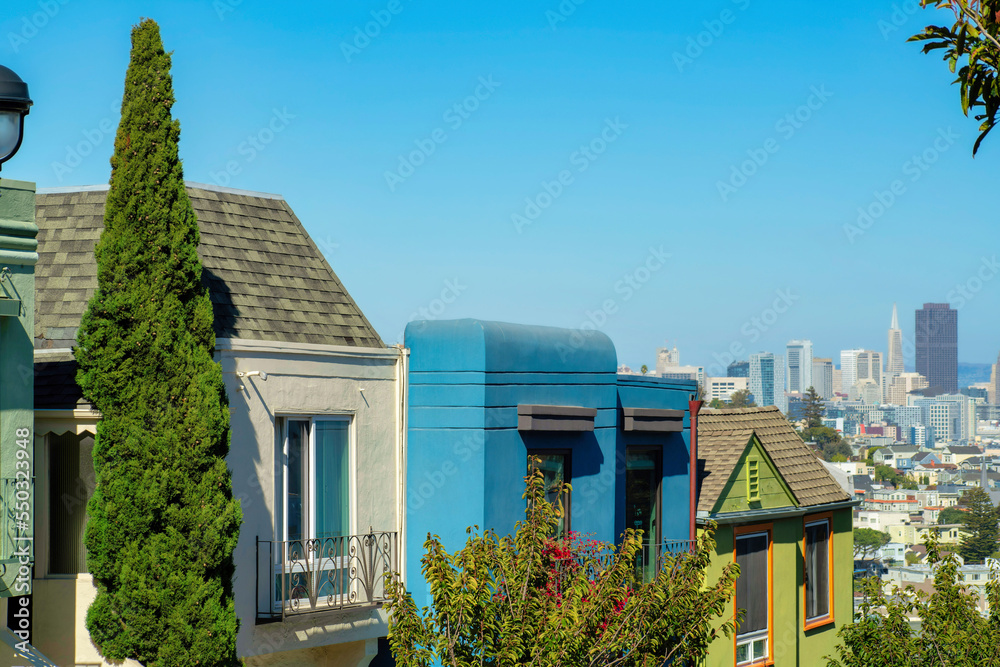 Row of modern houses in foreground with different colors and the downtown city of san francisco california with skyscrappers