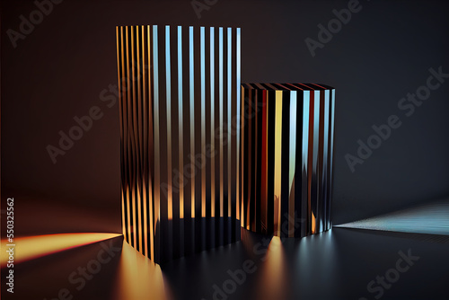 two metallic striped objects in a dark room, midjourney illustration