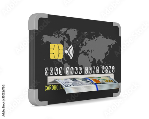 credit card with banknotes on white background. Isolated 3D illustration