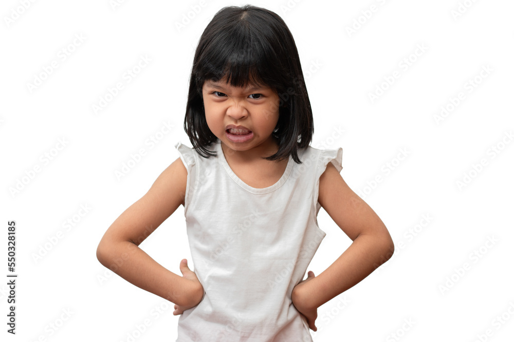 Portrait of Asian angry and sad little girl on white isolated background, The emotion of a child when tantrum and mad, expression grumpy emotion. Kid emotional control concept Portrait of Asian angry and sad little girl on white isolated background, The emotion of a child when tantrum and mad, expression grumpy emotion. Kid emotional control concept