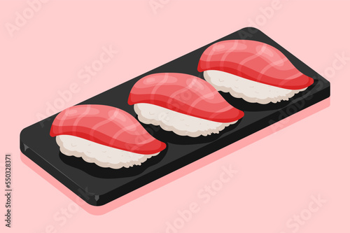 Cartoon tuna sashimi slices lying on the stone tray with rice. Asian Japanese food. Isolated vector illustration
