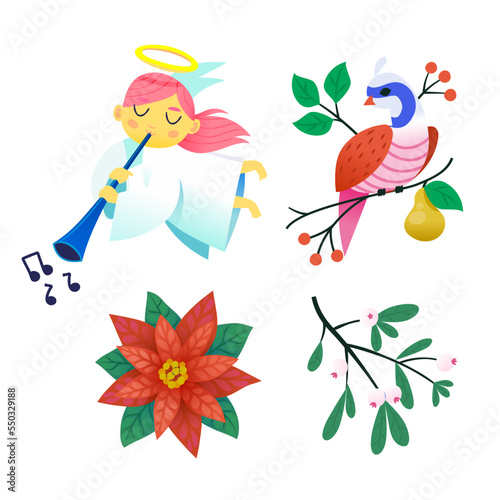 Collection of images to create invitation posters and greeting cards for Christmas and winter holidays. Isolated vector decorations. Red flower, angel singing, bird on tree.