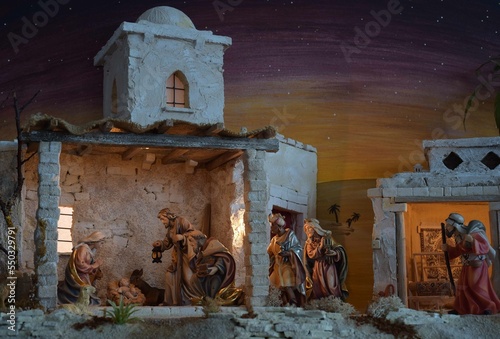 Tableau sur toile orientalische Weihnachtskrippe, Krippe mit Jesus, Maria, Josef und den drei heil