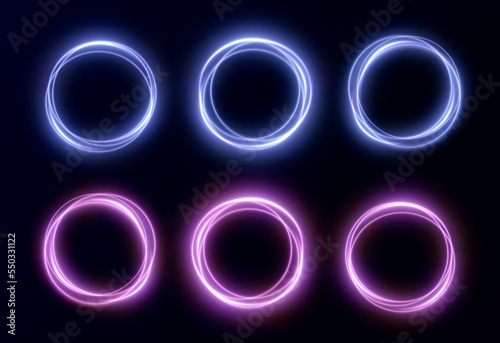 Creative light neon round frame png.
Frame made of round luminous blue and pink lines.
Design element for games, websites, postcards, light banners.