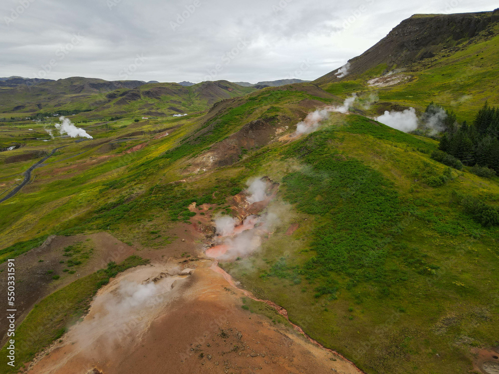 Drone view at the geothermal park of Havergerdi in Iceland