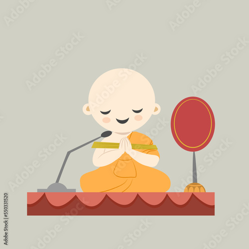 Cute monk cartoon character praying on the stage