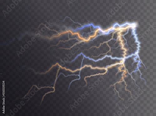 Light blue and white, yellow isolated vector lightning png. Magic light abstract lines. Realistic natural lightning neon effects, black transparent background. 