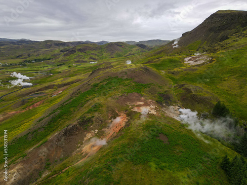 Drone view at the geothermal park of Havergerdi in Iceland