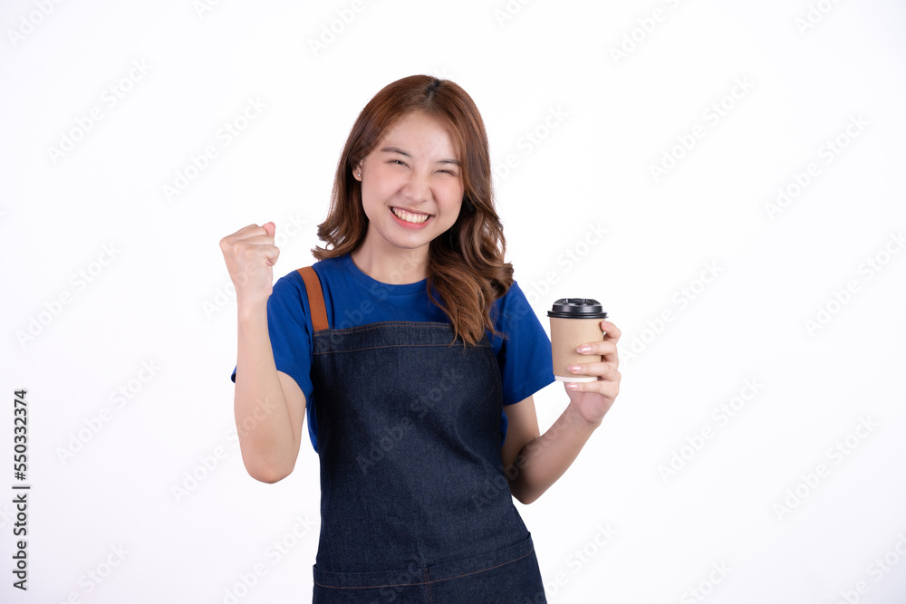 Small business shop owner. Apron asian woman smiling proud and happy isolated on white background. Young entrepreneur asian female. Small business shop owner. Apron asian woman smiling proud and happy isolated on white background. Young entrepreneur asian female.