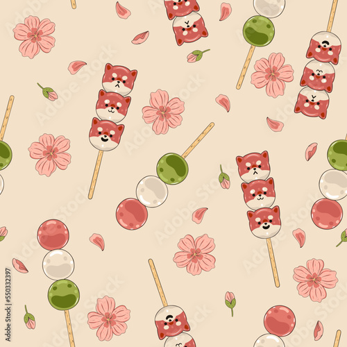 Seamless pattern with kawaii dango and sakura flowers. Vector graphics.