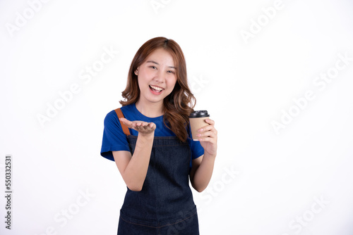 Small business shop owner. Apron asian woman smiling proud and happy isolated on white background. Young entrepreneur asian female.
