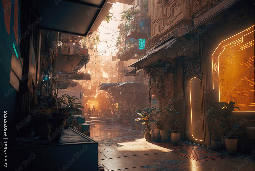 Photorealistic 3D illustration of a narrow street of a futuristic oriental city with neon lighting. Middle Eastern Cyberpunk. Creative concept of the future.