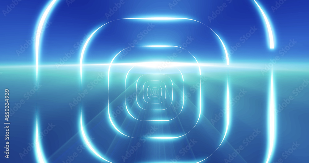 Tunnel of blue glowing bright neon squares. Abstract background. Screensaver