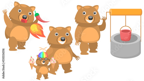 Set Abstract Collection Flat Cartoon Different Animal Wombat Ate Pepper And Breathes Fire, With Kids And Ice Cream, Draws Water From A Well Vector Design Style Elements Fauna Wildlife