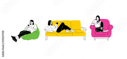 Women sitting on sofa pouf holds smartphone in her hand. Casual lady and browsing social media on mobile device. Girls on couch uses phone for chatting and surfing internet