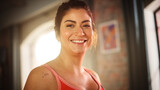 Home Training: Gorgeous Plus Size Body Positive Fit Girl Training, Posing and Smiling for the Camera. Young Woman Happy for her Achievement. Early Morning Workout for Wellness. Close Up