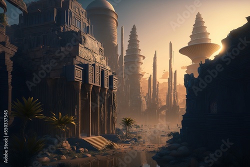 Futuristic Egypt. Sci-fi. Pyramid. Golden futuristic city. concept art.