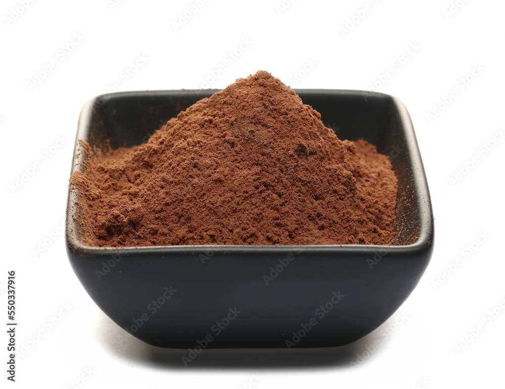 Pile cocoa powder in porcelain bowl isolated on white Pile cocoa powder in porcelain bowl isolated on white