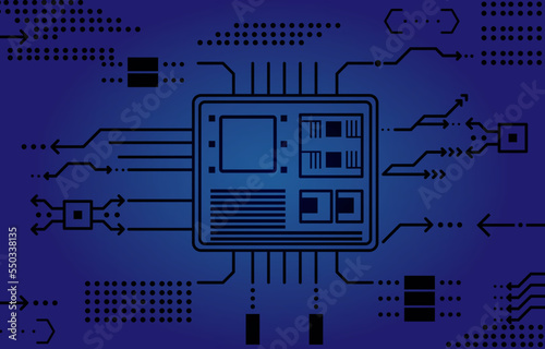 Central Processing Circuit Connect Microchip processor technology on dark blue background. Information Processing Function Concept. Circuit board hi-tech technology background. vector illustration