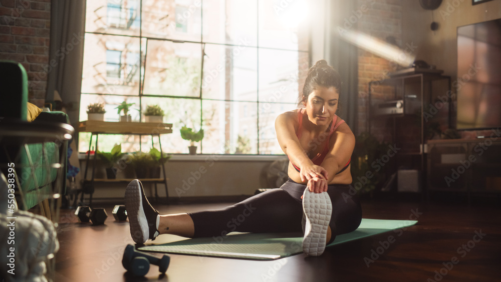 Home Gym Training: Gorgeous Plus Size Body Positive Girl Exercising. Strong Sportswoman Does Workout. Energetic Action, Fitness, Sweat, Determination. Portrait of Successful Powerful Woman
