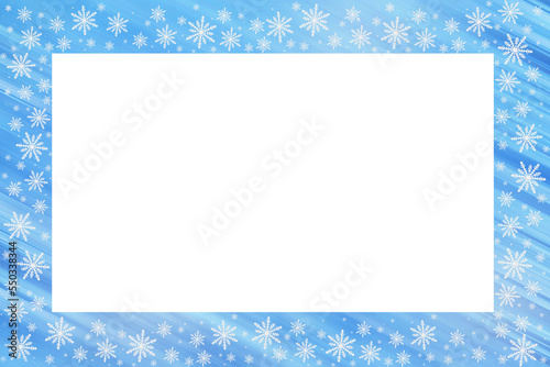 Blue saturated bright gradient background with diagonal stripes, white snowflakes around. Christmas, New Year card with copy space.