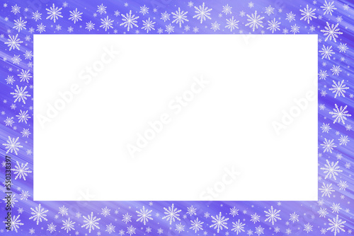 Blue saturated lilac bright gradient background with diagonal stripes, white snowflakes around. Christmas, New Year card with copy space.