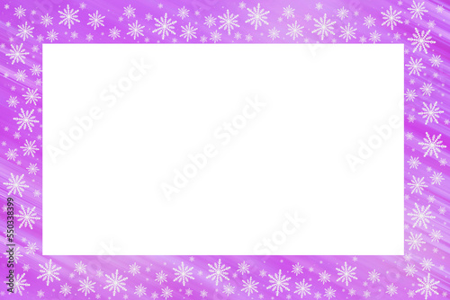 Magenta saturated lilac purple bright gradient background with diagonal stripes, white snowflakes around. Christmas, New Year card with copy space.