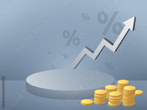 An upward pointing graph arrow going from left to right on top. 3D Podium background with coin and arrow. coins and graph pointing right. vector illustration