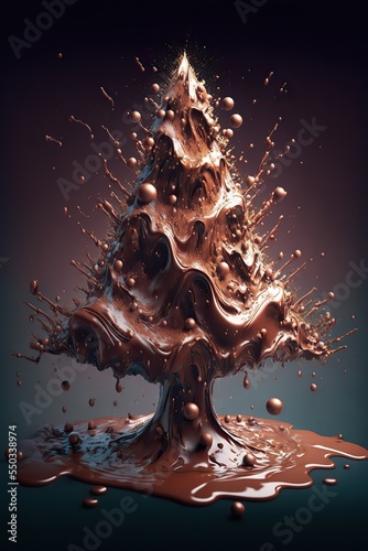 Christmas tree made of milk chocolate, splash of liquid, golden lighting 