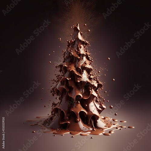 Christmas tree made of milk chocolate, splash of liquid, golden lighting 