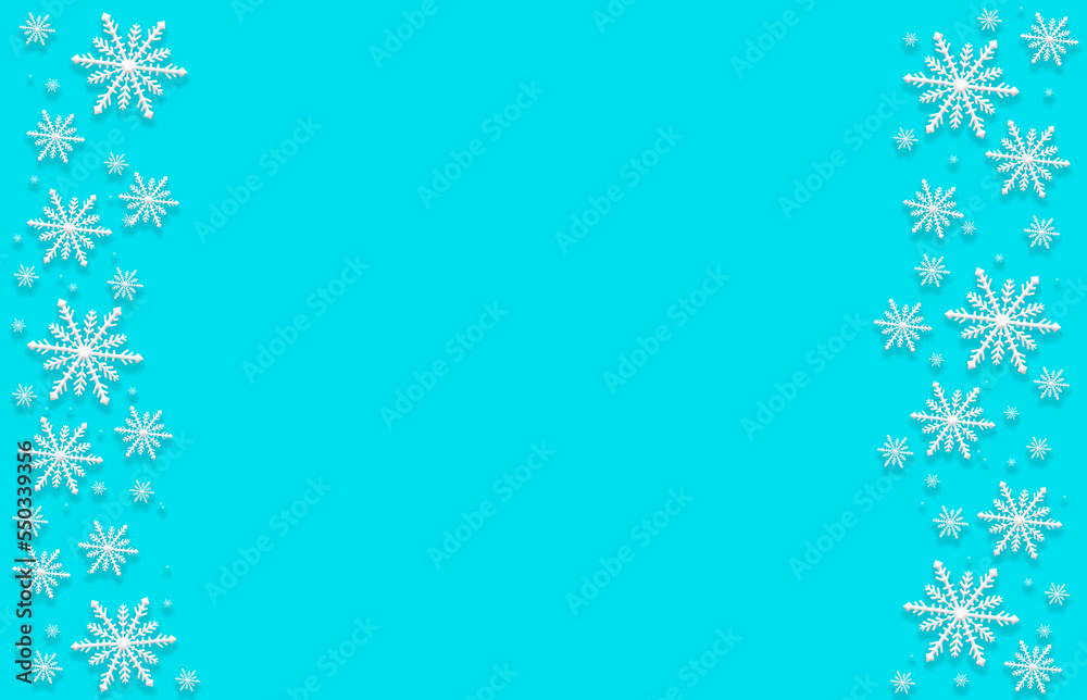 Winter blue aquamarine saturated bright background with random snowflakes two sideways. Christmas, New Year card with copy space. Winter blue aquamarine saturated bright background with random snowflakes two sideways. Christmas, New Year card with copy space.