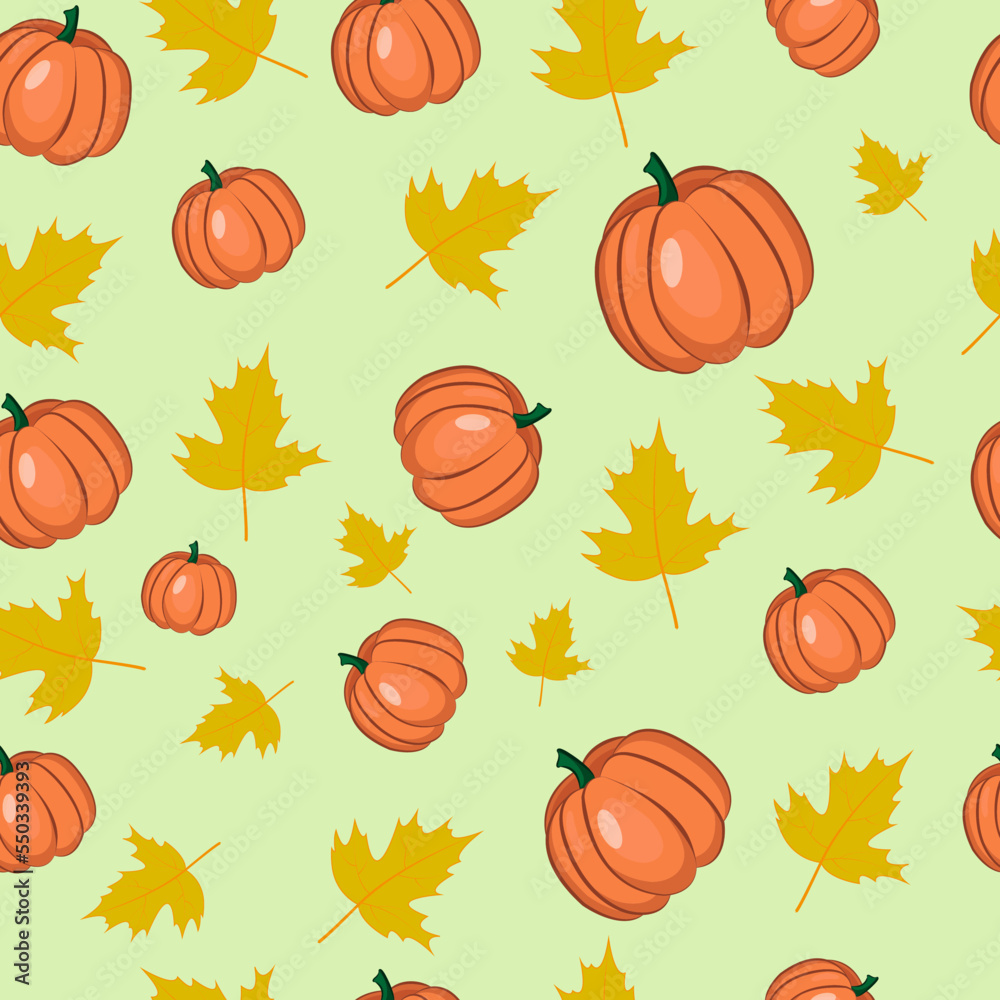 Juicy bright autumn seamless pattern with pumpkins and autumn leaves. Vector illustration